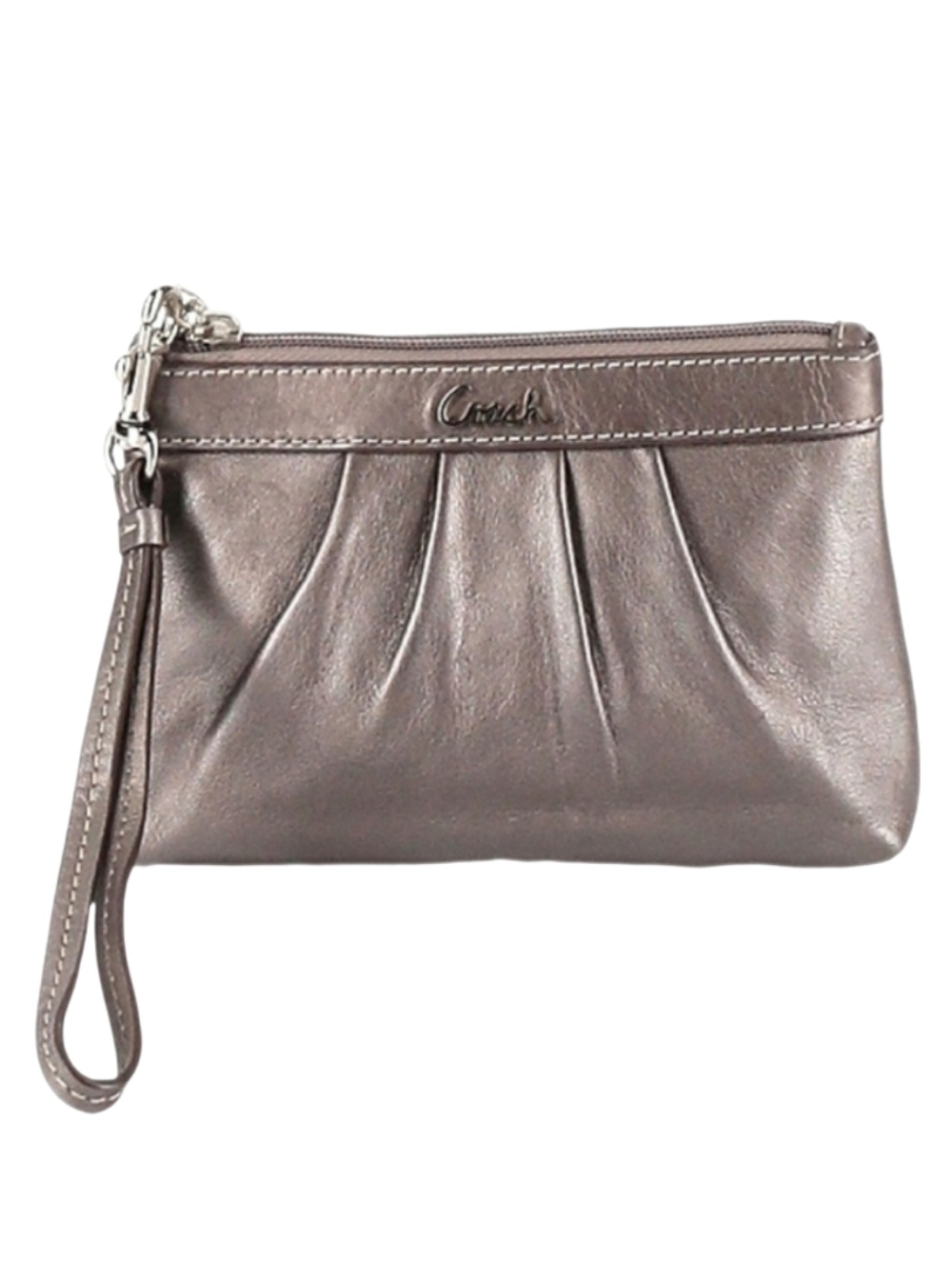 🩶 Coach Metallic Graphite Dark Silver Pleated Pebbled Leather Wristlet Clutch